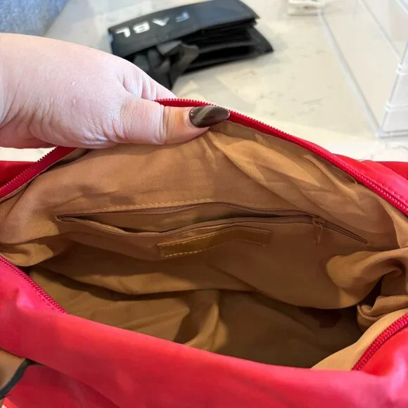 Red Nylon Shoulder Bag Tan Faux Leather Handles Classic Everyday Purse - Picture 8 of 10